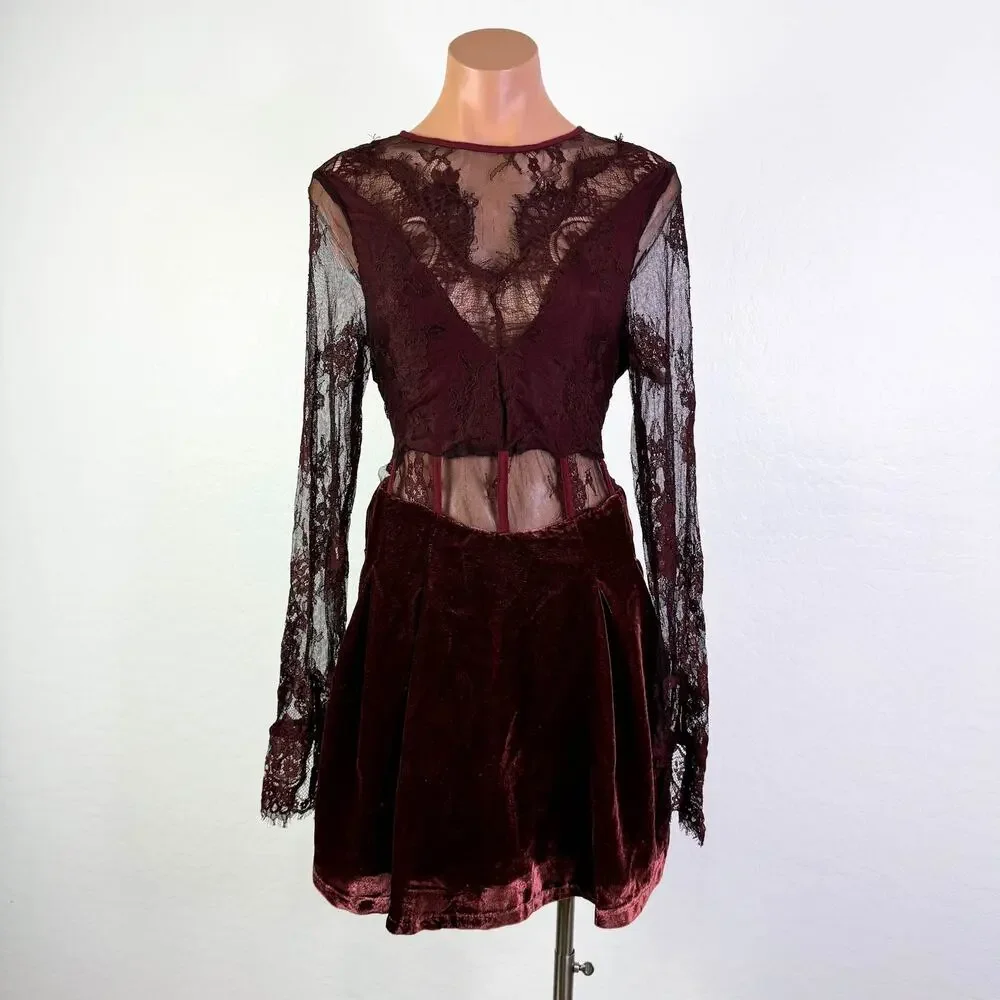 Free People Marlie Lace Velvet Fairy Whimsigoth Mini Dress Wine Grape Sz S NWT